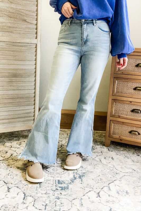 womens light wash flare high rise risen jeans