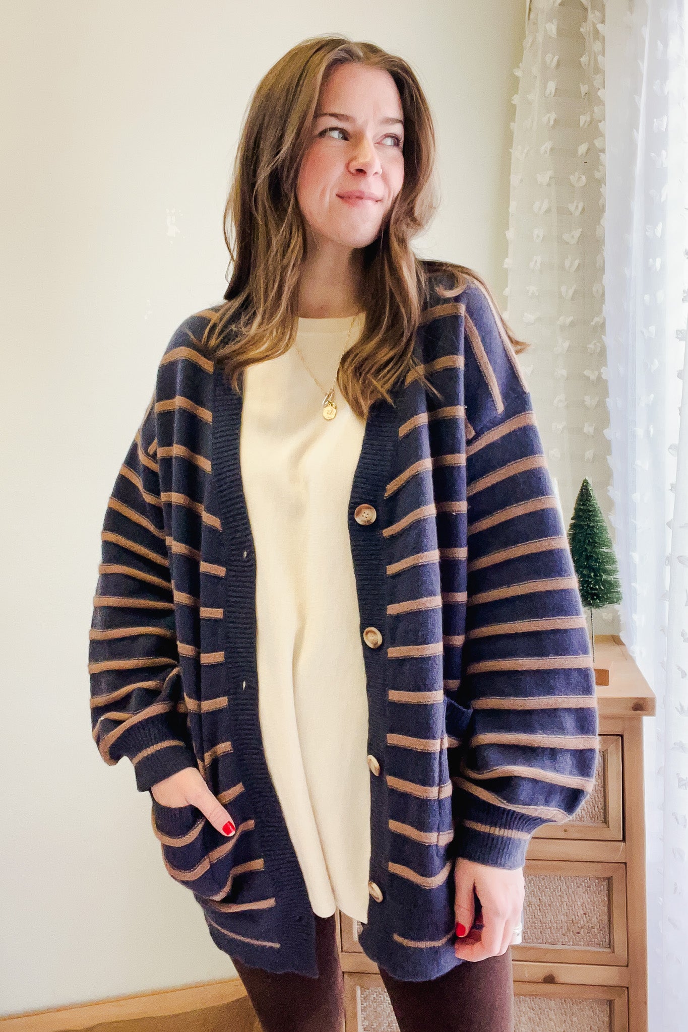 womens stripe button oversized cardigan navy brown