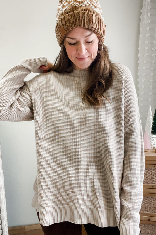 womens crew neck taupe waffle knit soft sweater 