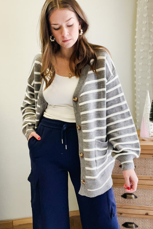 womens stripe button oversized cardigan grey white