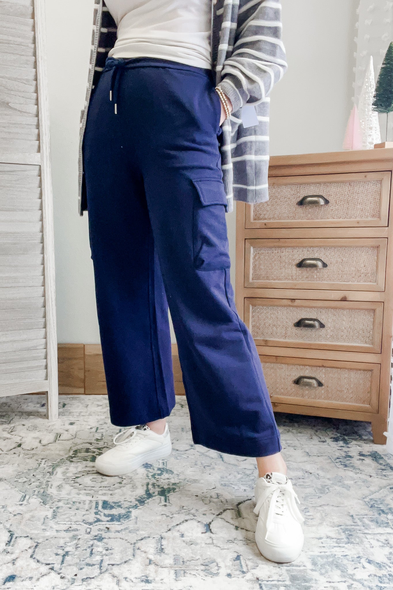 womens navy blue cargo pocket crop drawstring lounge sweat pant