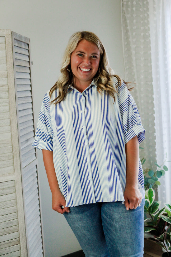 plus womens stripe blue button front collar short sleeve shirt