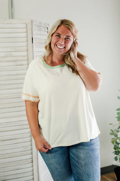 plus womens ivory varsity stripe tee aqua mustard