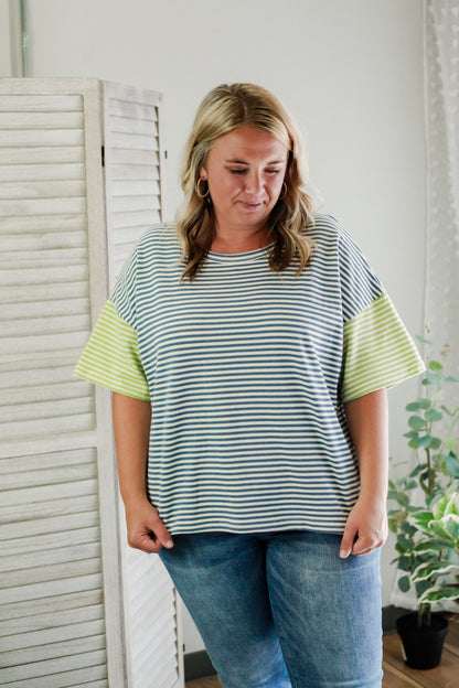 plus womens color block contrast stripe short sleeve tee blue green white