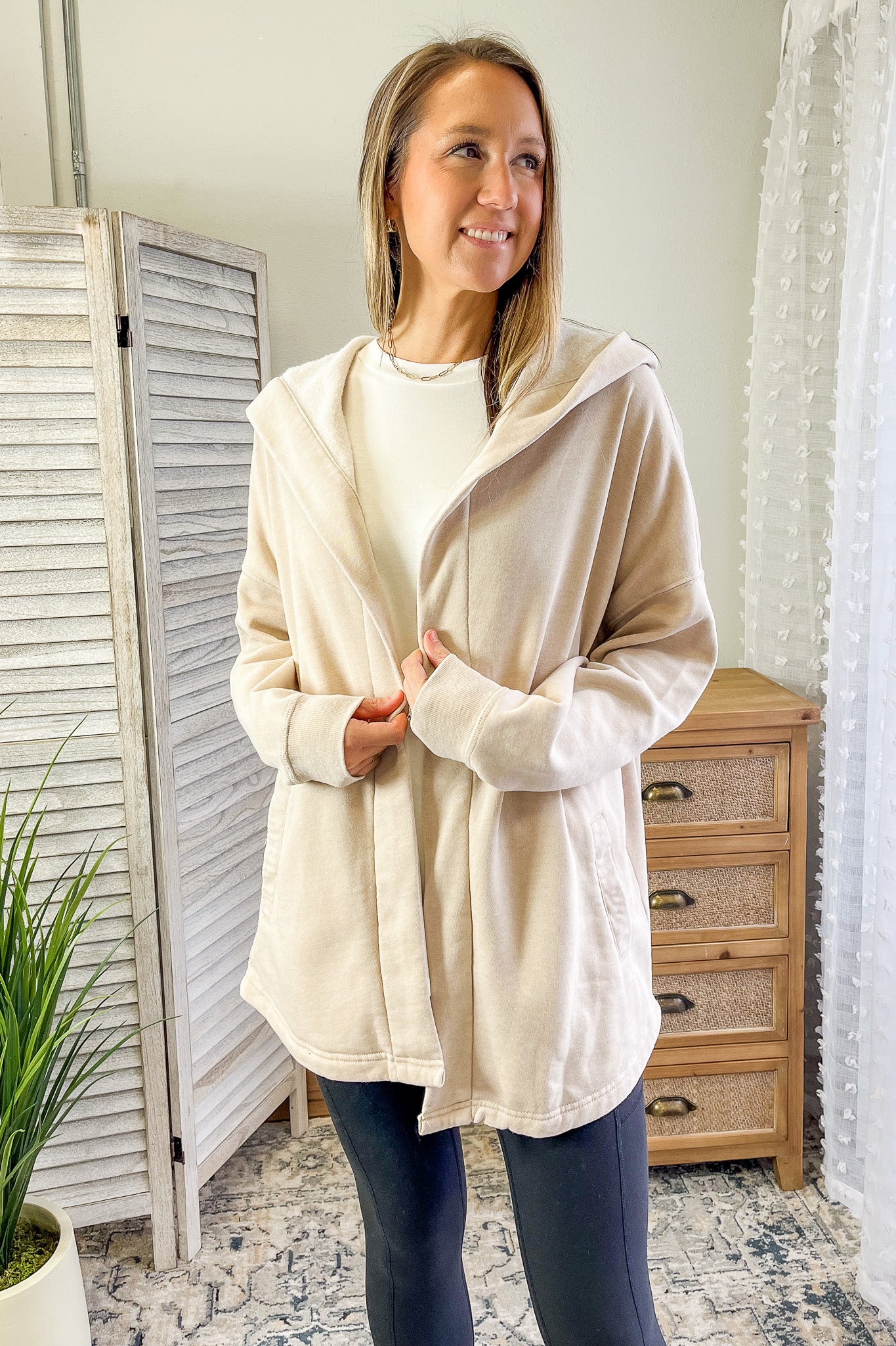 womens soft knit long open sweatshirt tunic with hood