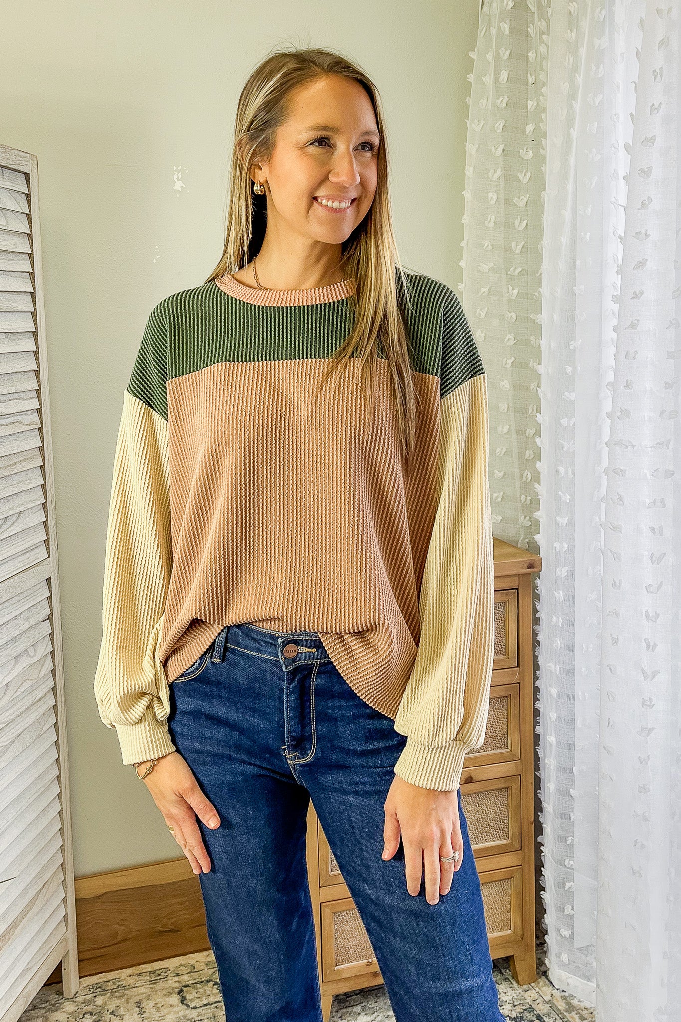 womens rib knit long sleeve color block top green