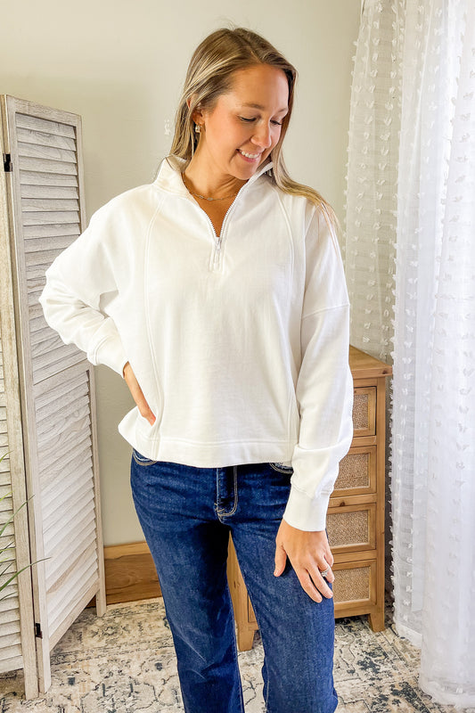 womens white quarter zip pullover sweatshirt