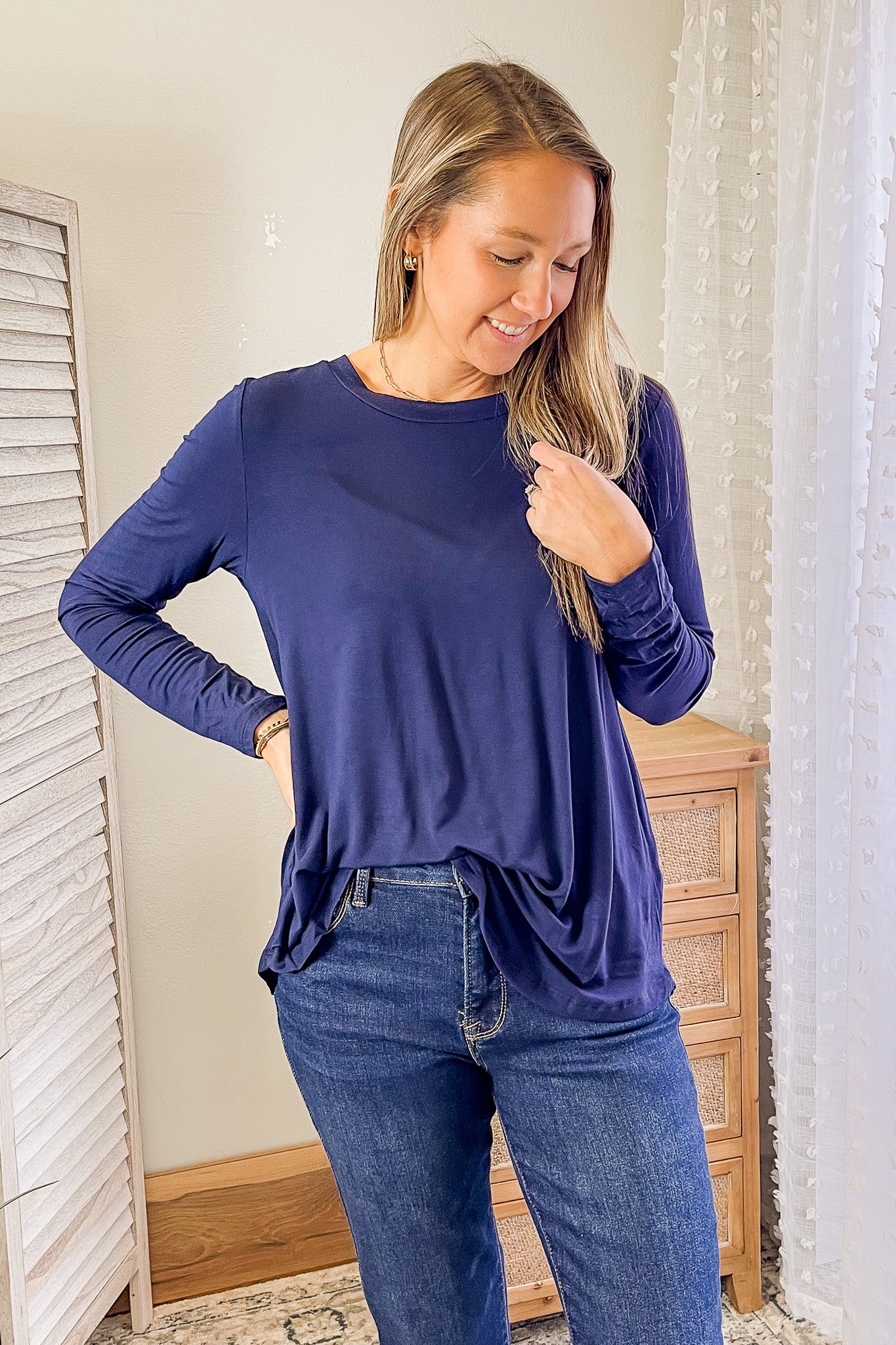 womens long sleeve crew neck basic top navy blue