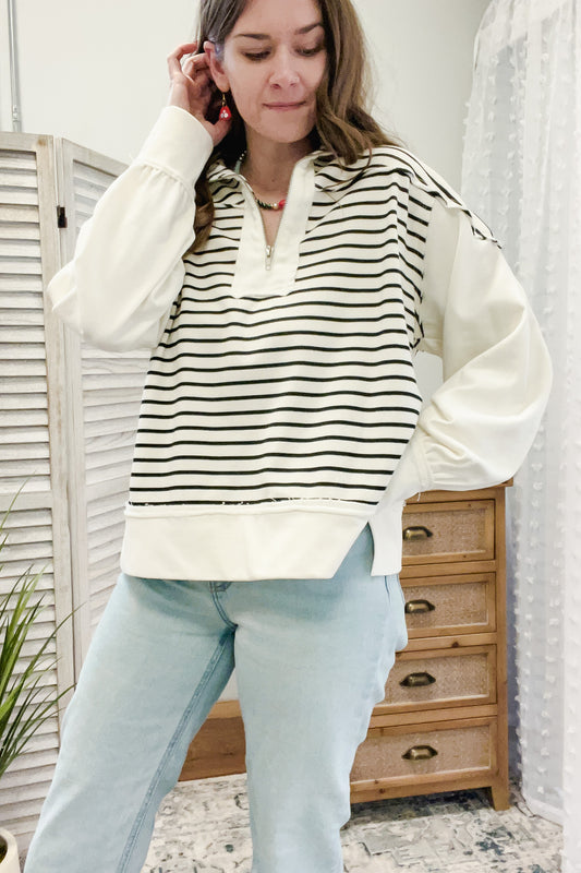 womens stripe black white quarter zip sweatshirt