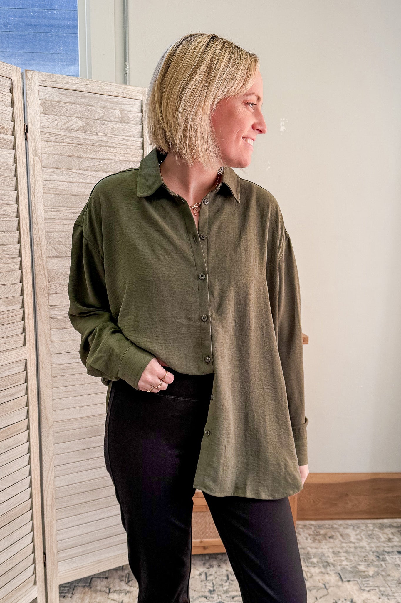 womens lightweight button front collar shirt olive oversized