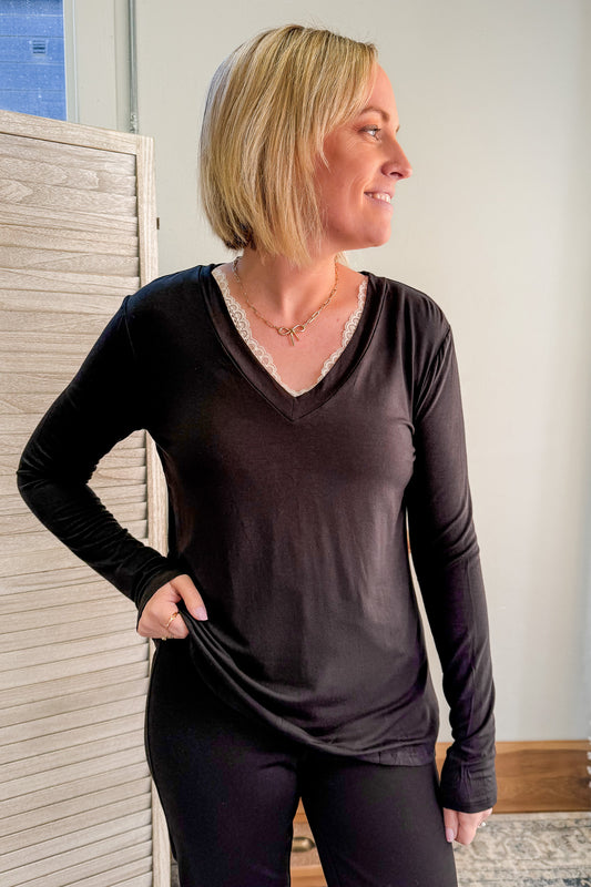 womens v-neck long sleeve basic top black