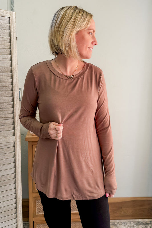 womens long sleeve crew neck basic top brown