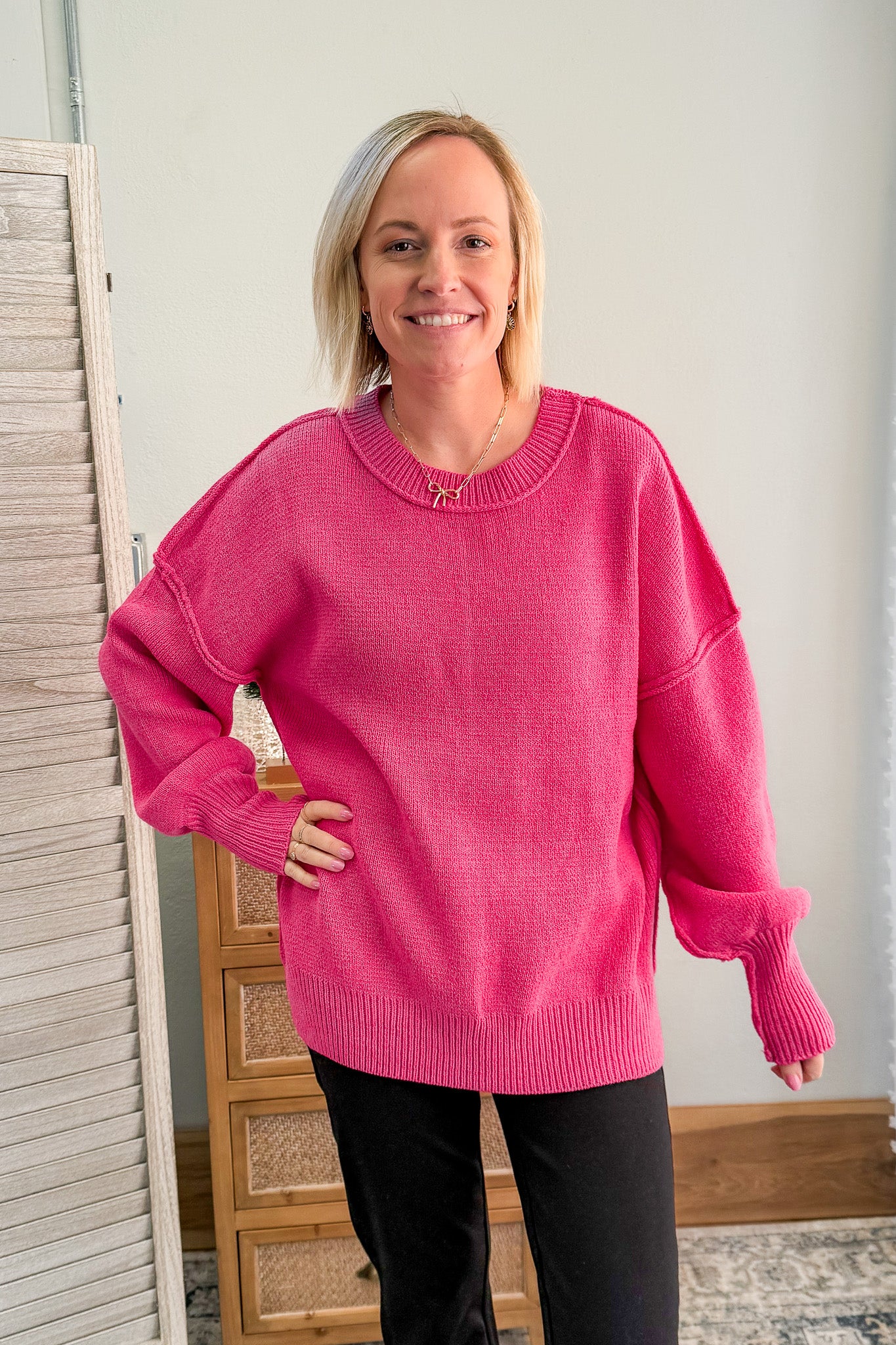 womens knit oversized sweater pink drop shoulder crew neck