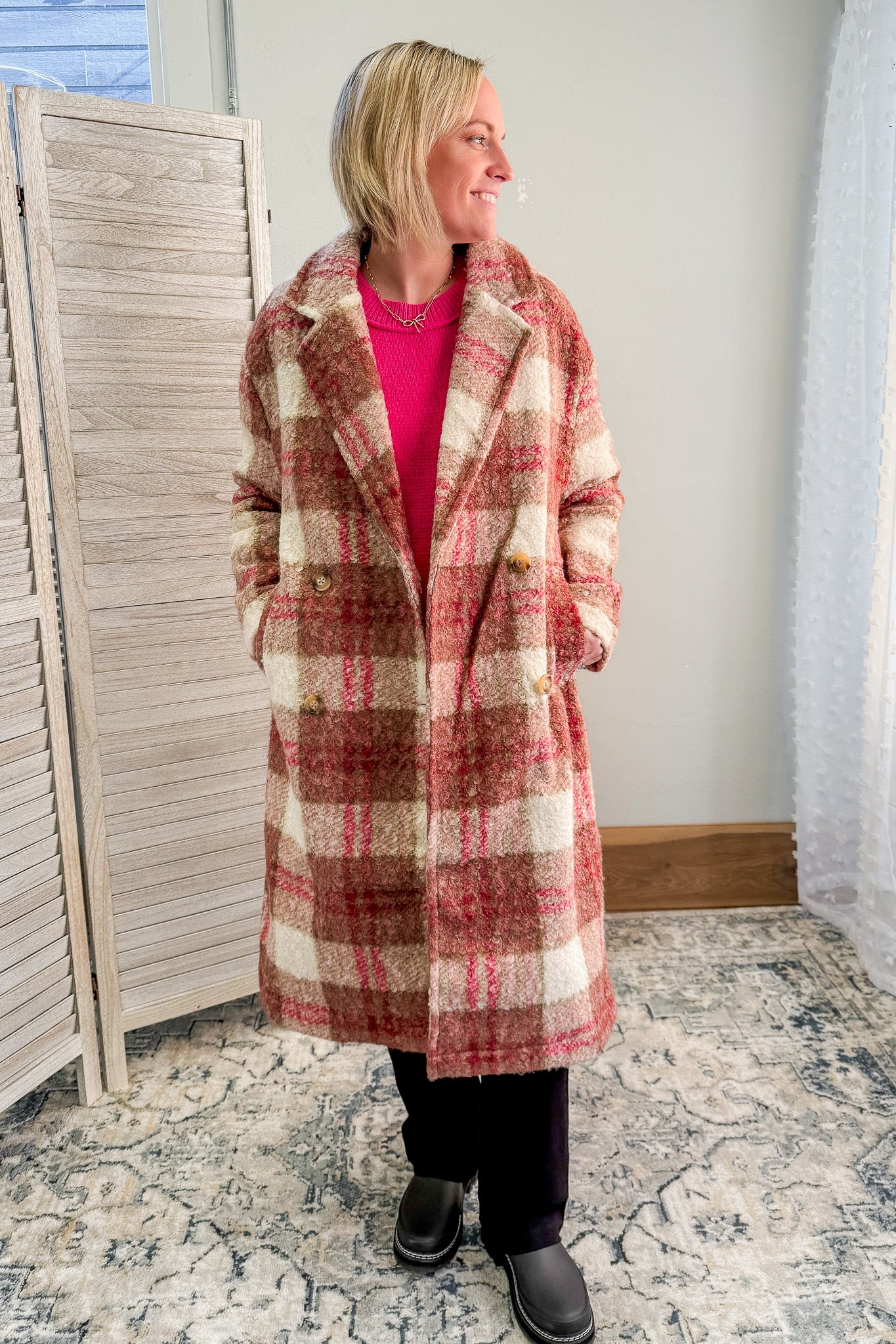 womens boucle plaid lapel coat long pink brown