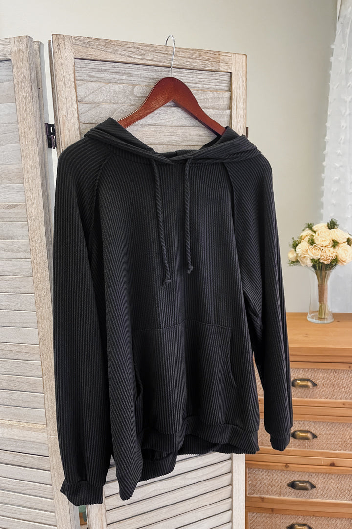 womens plus size black rib knit hooded sweatshirt