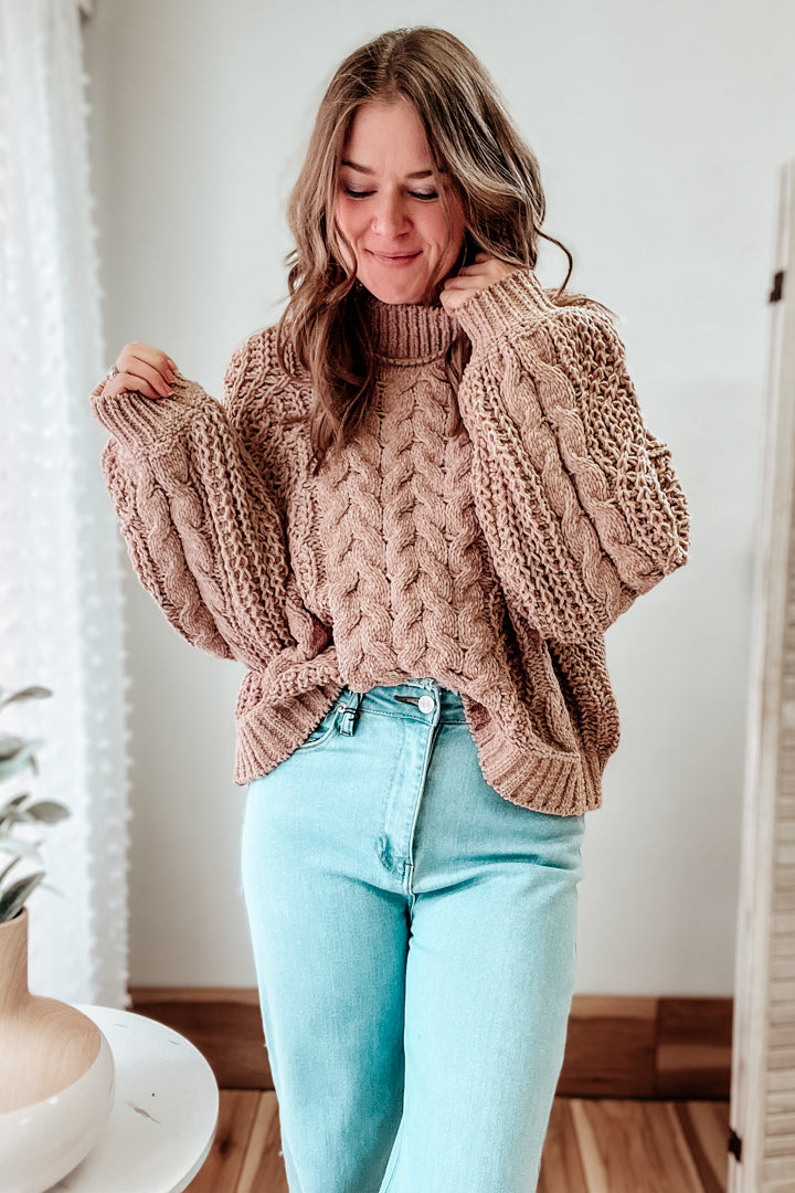 womens chunky knit mock neck balloon sleeve chenille sweater tan camel