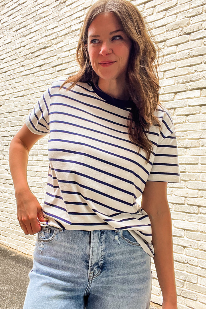 Boxy striped tee with crew neckline