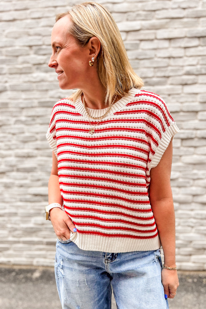 Striped short sleeve knit sweater top red