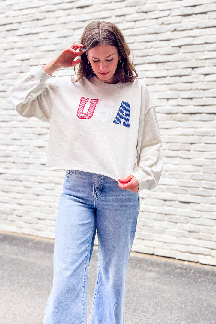 Relaxed-fitting USA embroidered sweatshirt grey