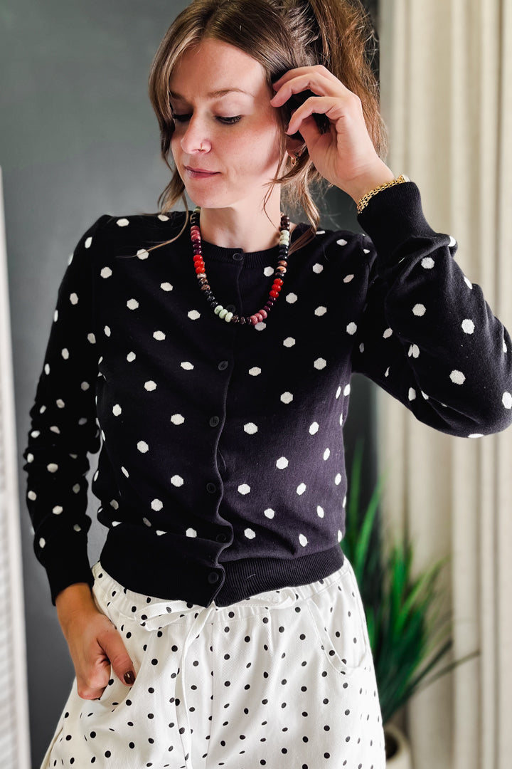 Polka dot button cardigan sweater in black and white