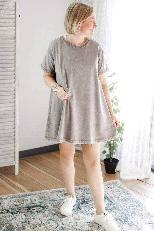 womens mineral wash short sleeve tshirt dress basic casual grey