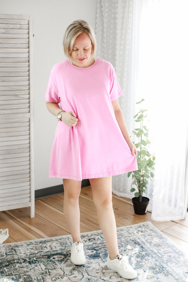 womens mineral wash short sleeve tshirt dress basic casual pink