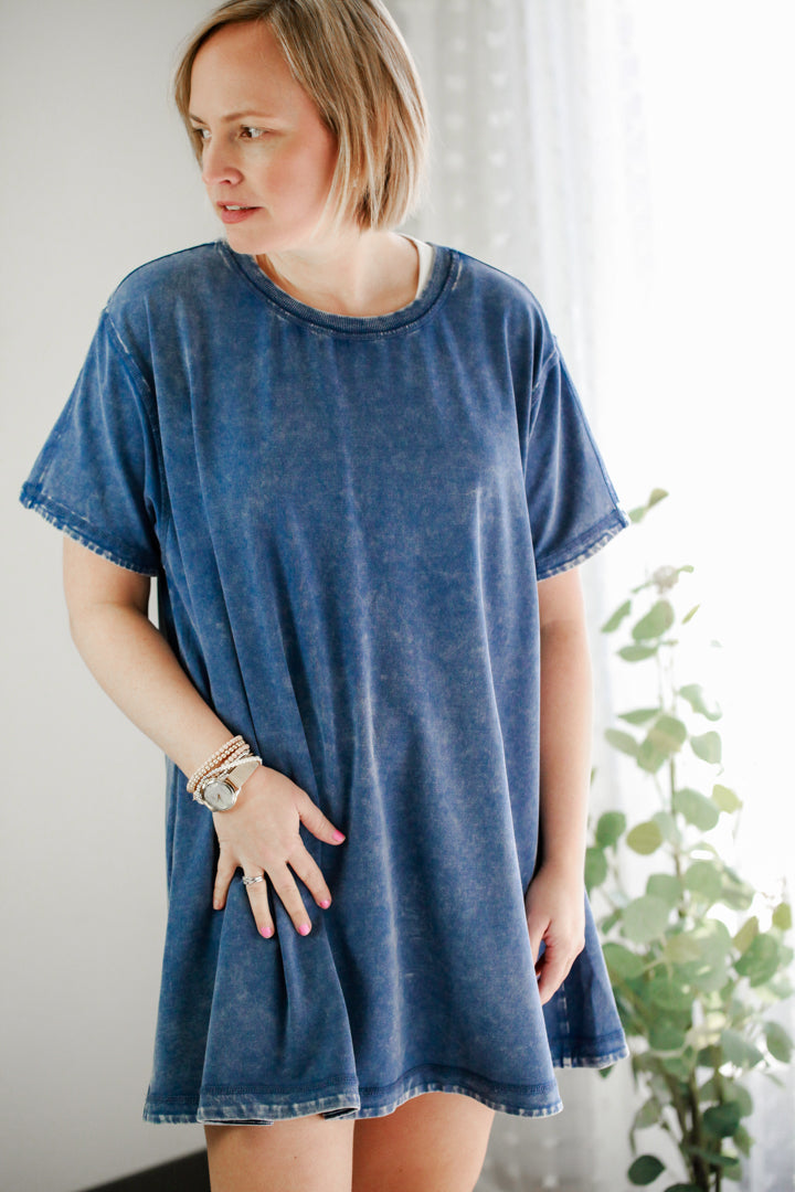 womens mineral wash short sleeve tshirt dress basic casual blue