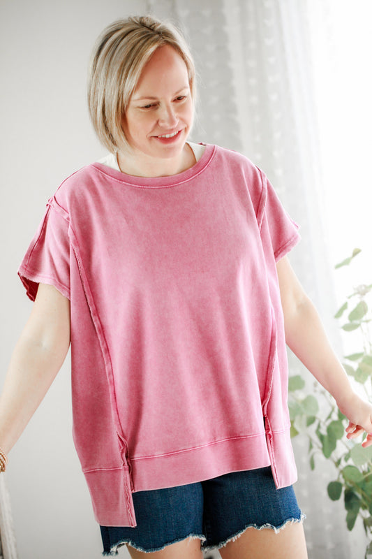 womens short sleeve sweatshirt pink mineral wash