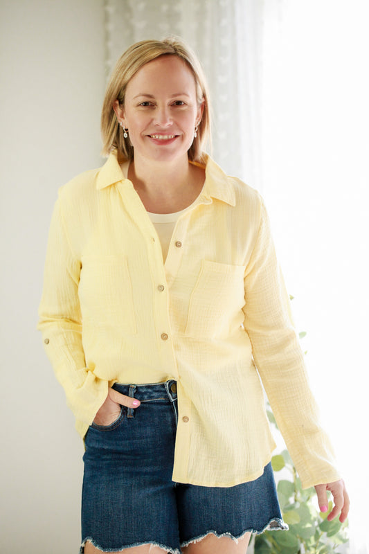 womens gauze cotton button front collar shirt long sleeve yellow