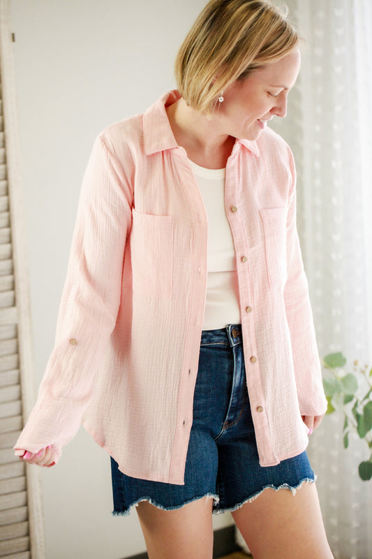 womens gauze cotton button front collar shirt long sleeve blush pink