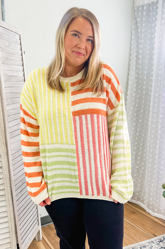 plus size womens color block stripe knit long sleeve sweater