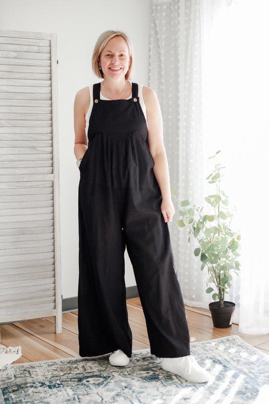 SIDE POCKETS GATHERED FRONT SLEEVELESS overalls womens black wide leg