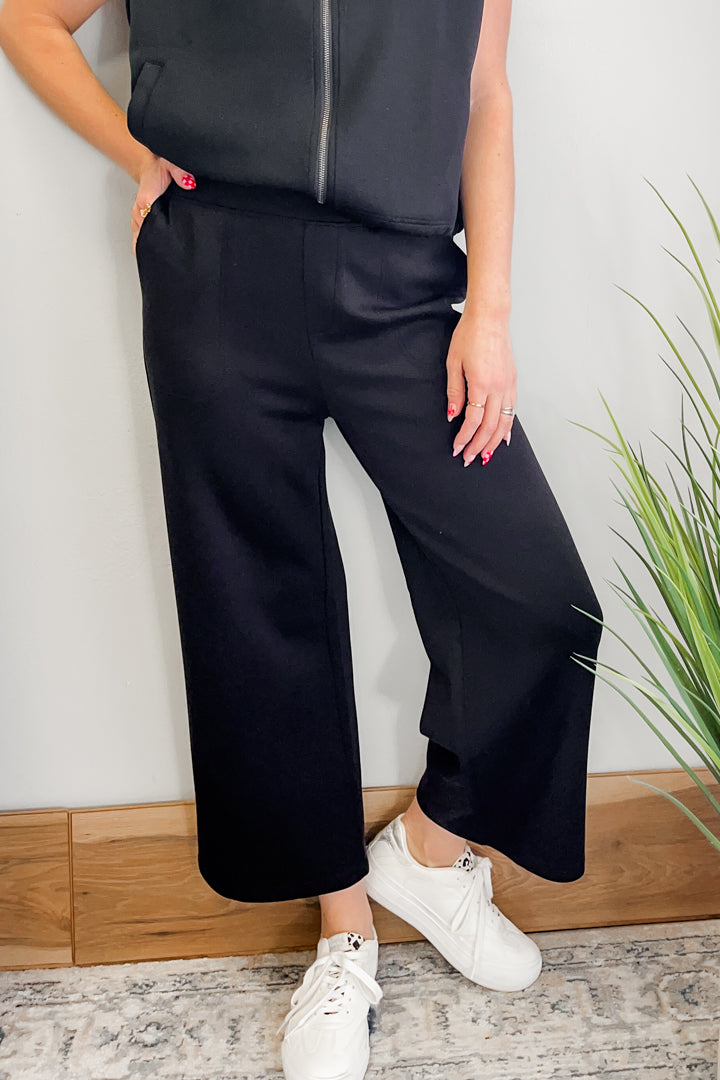 Women's elevated sweatpants made from soft scuba material black front