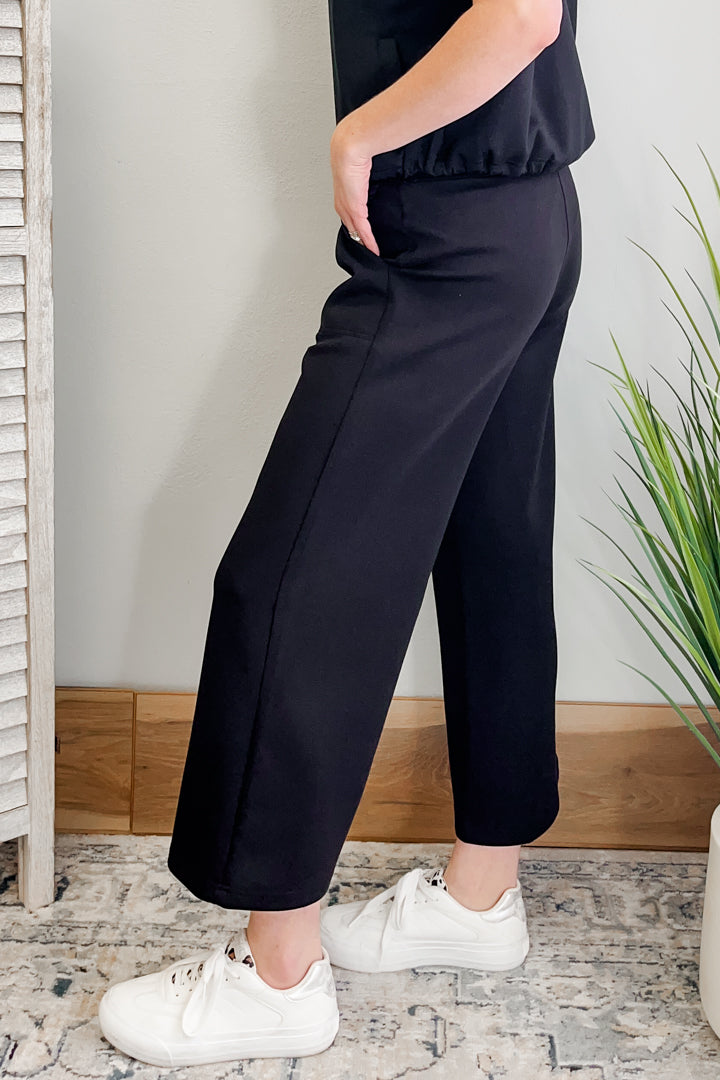Women's elevated sweatpants made from soft scuba material black side
