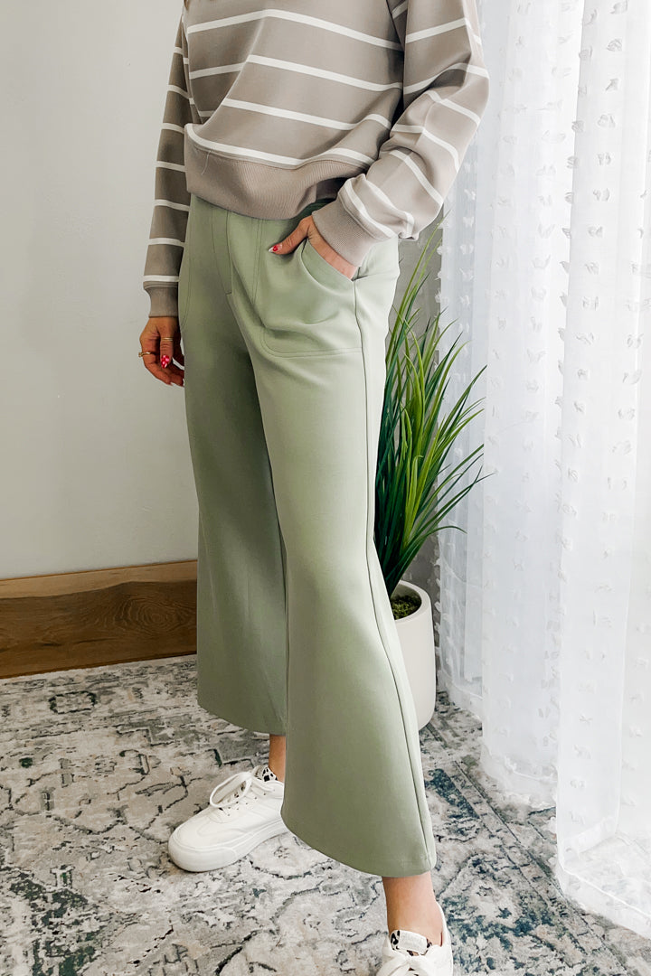 Women's elevated sweatpants made from soft scuba material sage green front