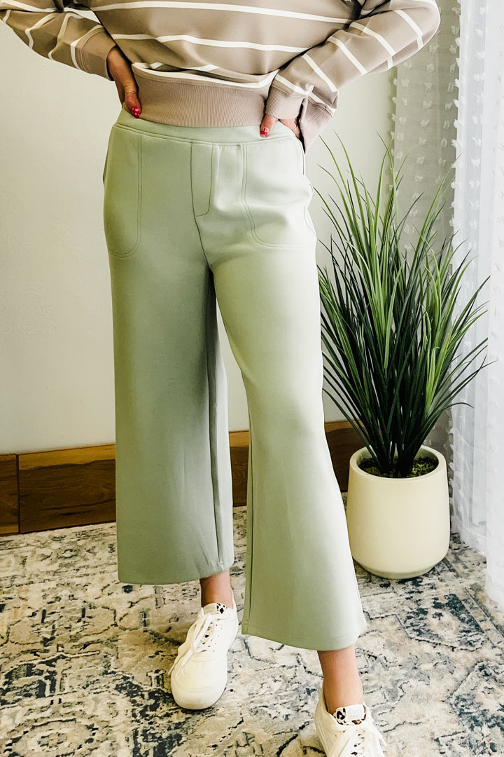 Women's elevated sweatpants made from soft scuba material sage green front1