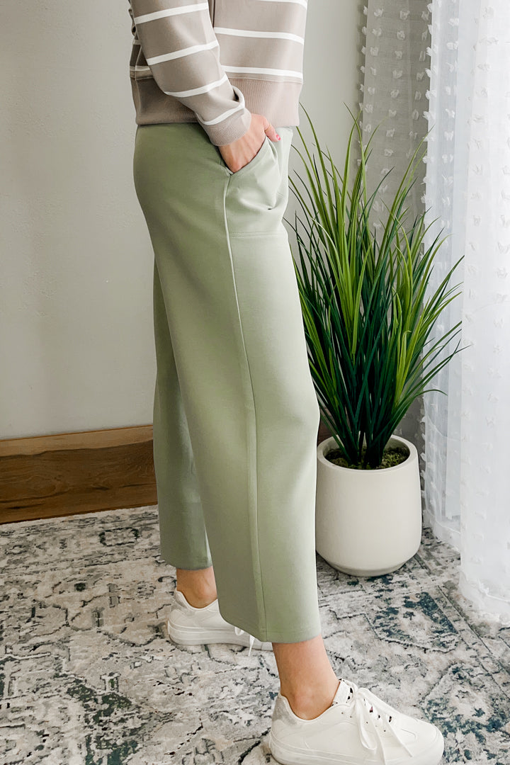 Women's elevated sweatpants made from soft scuba material sage green side