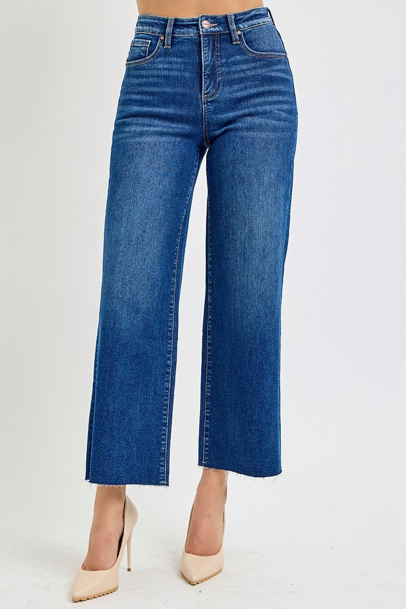 Women's high waist wide leg cropped jeans with tummy control elastic band