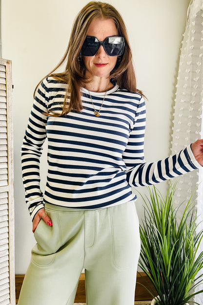 Women's long sleeve striped top navy white nautical front