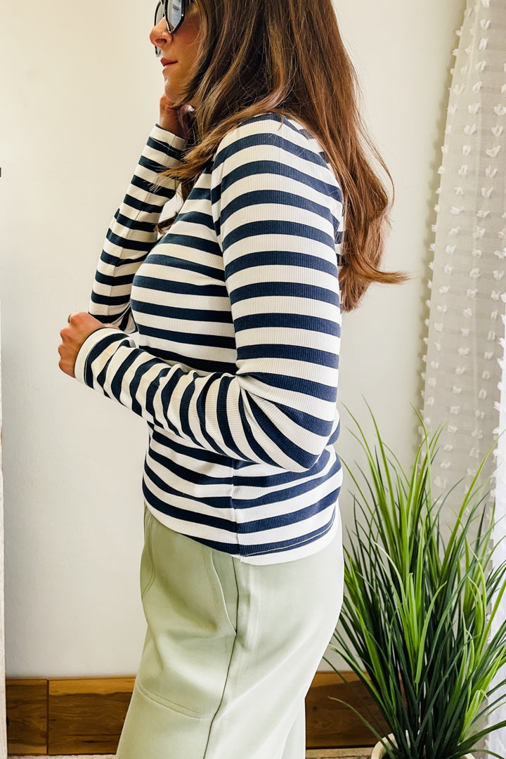 Women's long sleeve striped top navy white nautical side