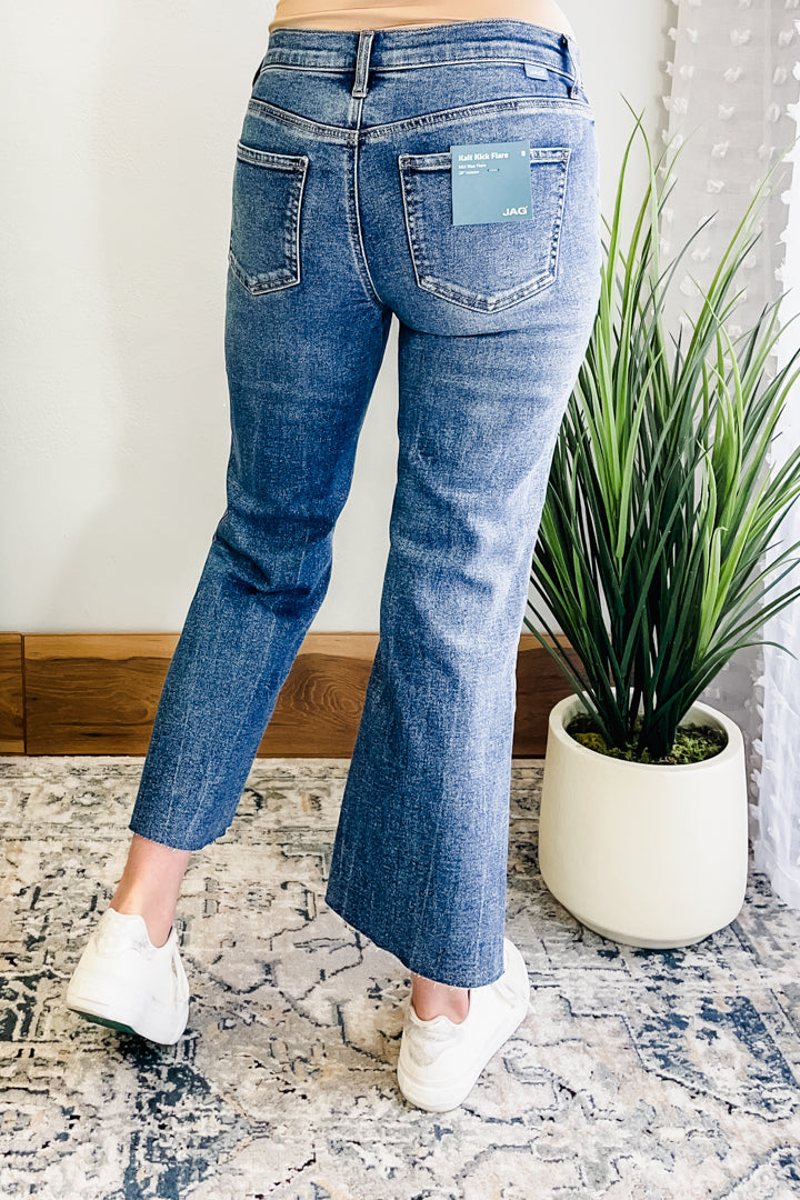 Women's mid rise kick flare denim jag jeans back