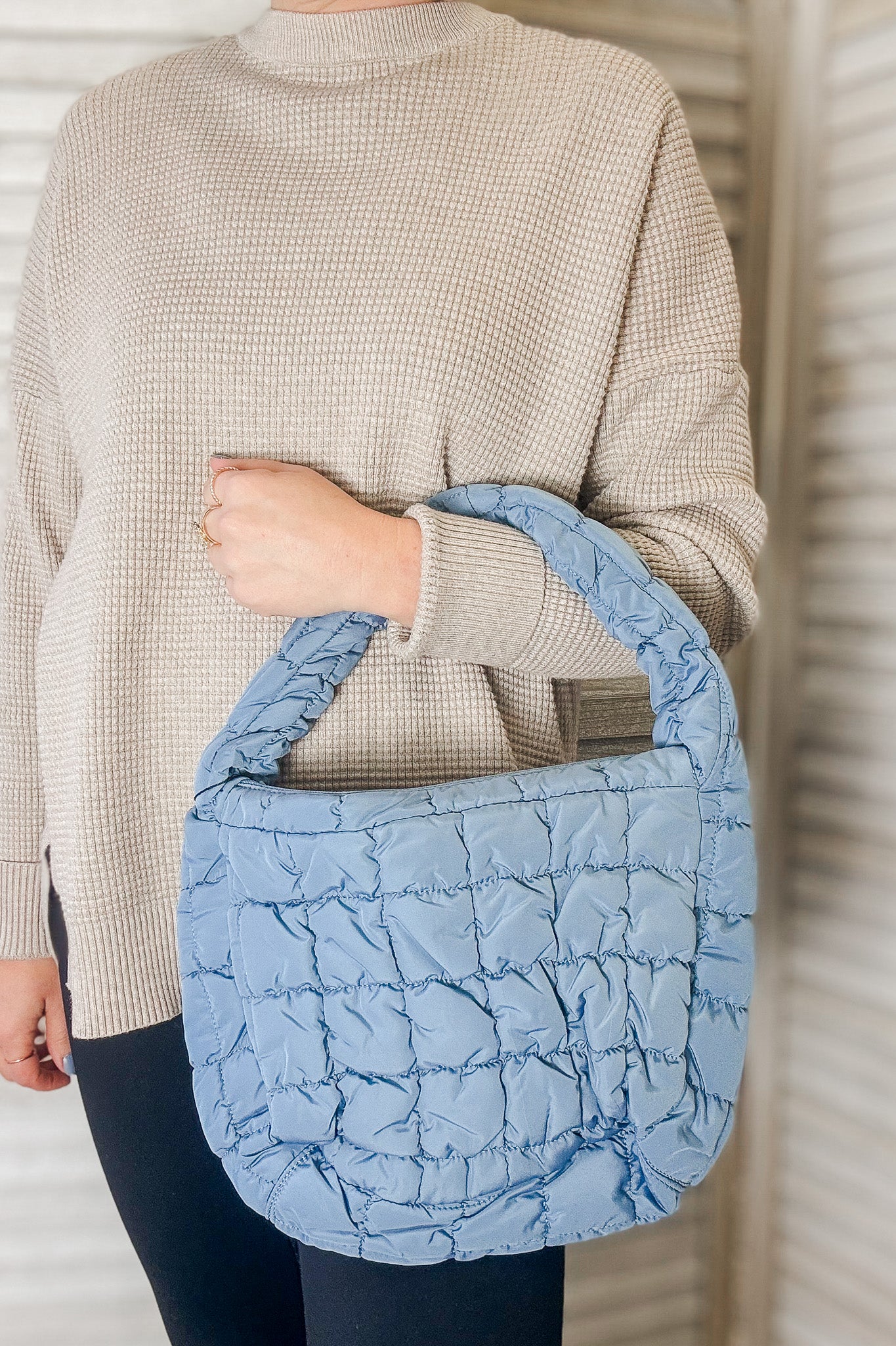Women's quilted puff shoulder bag blue purse