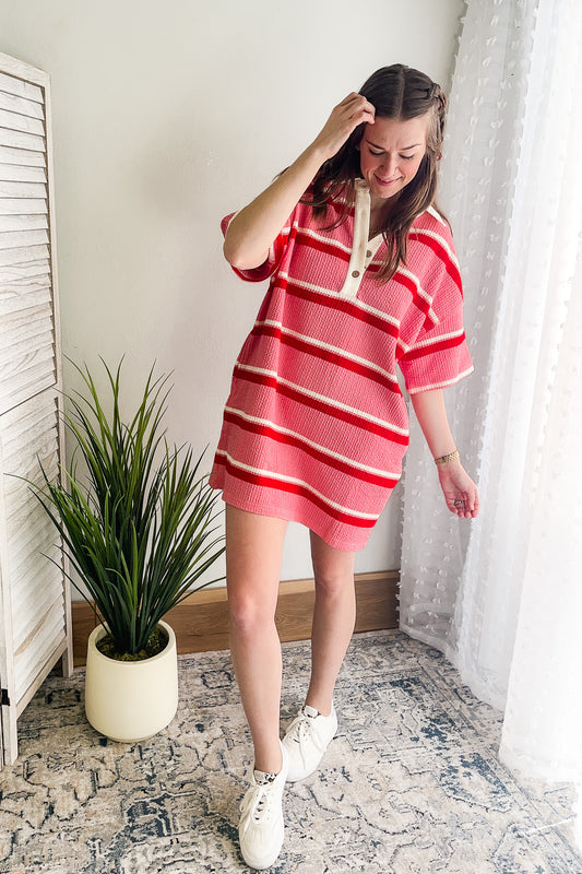 Women's relaxed-fitting striped tee shirt dress with collar pink red preppy