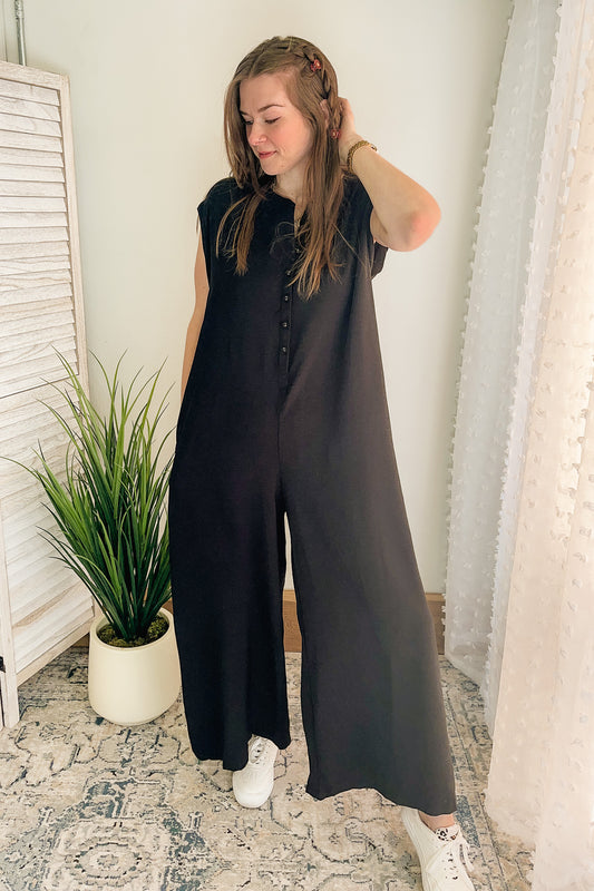 Women's wide leg jumpsuit with button down black