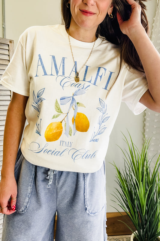 Womens oversized graphic tee with Amalfi Coast Social Club graphic front