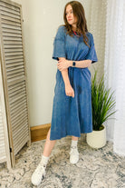 Women's mineral washed midi length dress blue