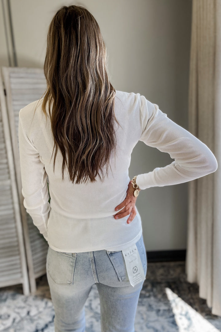 Women's round neck ribbed long sleeve top white