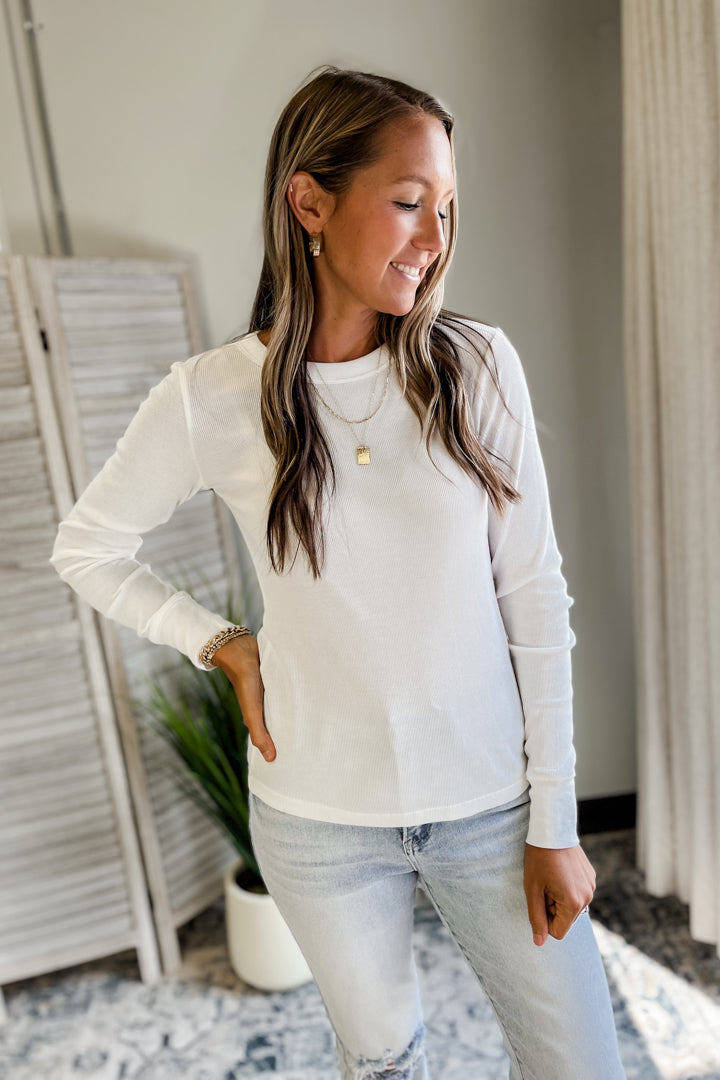 Women's round neck ribbed long sleeve top white