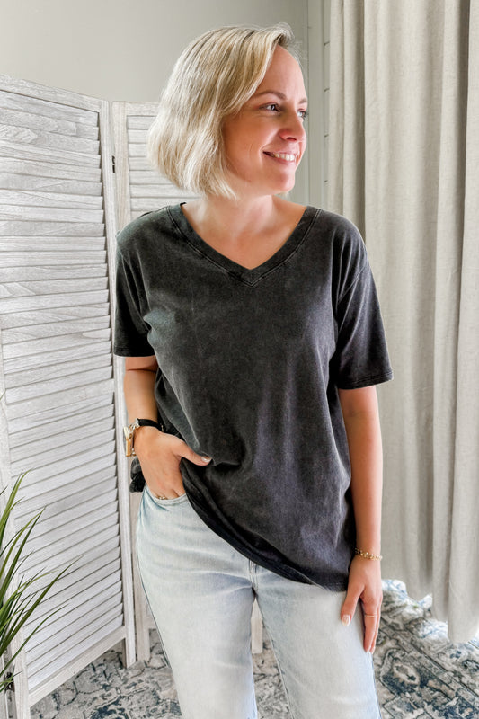 Mineral washed v-neck tee shirt top for women black