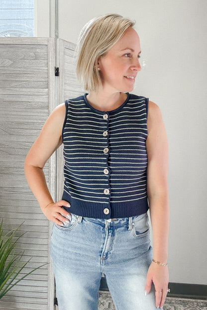 Women's knit button up navy blue striped vest nautical 